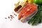 Salmon fish steak, butterfly, fresh, raw, with spices, healthy food,