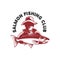 Salmon fishing club. Emblem with fisher and trout. Design element for logo, label, sign.