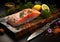 Salmon. Fresh raw salmon fish fillet with cooking ingredients, herbs and lemon on black background, AI Generated