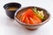 Salmon Ikura Don : Japanese Steamed Rice Topping with Raw Salmon and Tobiko Served with Wasabi and Prickled Ginger