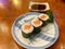 Salmon maki rolls and soy