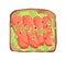 Salmon and mashed avocado toast. Healthy sandwich with red fish pieces, capers, sesame seeds on bread slice, top view
