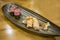 Salmon Nigiri sushi and Hamachi sashimi shushi, focus selective