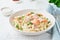 Salmon pasta, tagliatelle with fish and creamy sauce. Italian dinner with seafood