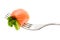 Salmon piece with avocado on fork isolated on white