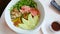 Salmon Poke Bowl with Avocado, Zucchini, Top View. Salad with Raw Fish