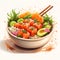 Salmon poke bowl illustration. Poke bowl with avocado, salmon, carrot, cucumber, red cabbage, radish, seaweed and rice. Sushi bowl