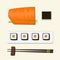 Salmon red fish fillet, soy sauce, sushi and chopsticks. vector illustration