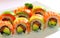 Salmon rolls. Japanese cuisine. Traditional sushi roll with salmon. Asian traditional food sake maki.