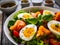Salmon salad - smoked salmon hard boiled eggs and green vegetables on wooden table