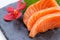 Salmon Sashimi : Sliced Raw Salmon Served with Sliced Radish on Stone Plate