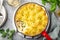 Salmon  shepherd`s pie. Fish in creamy sauce , mashed potatoes and vegetables casserole in enamel cast iron pan