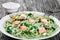 Salmon and Spinach Fettuccine pasta on white dishes