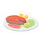 Salmon steak with rosemary, vegetables and egg breakfast vector illustration