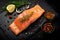 Salmon Steak And Spices For Cooking On Slate. AI Genereted