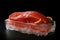 Salmon steaks on ice, fillet of red fish on black background, AI Generated