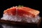Salmon steaks on ice, fillet of red fish on black background, AI Generated