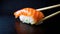 Salmon sushi on chopsticks. Generated with AI