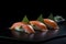 Salmon Sushi on Dark Background, Salmon Susi Lunch, Nori Maki, Nigiri Sushi Roll, Japanese Seafood