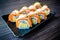 Salmon sushi, Japanese food delicious menu, vignette effect