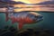 Salmon swimming under water, with landscape above the surface - AI Generated