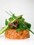 Salmon tartar with salad and green asparagus