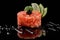 Salmon tartare with caviar, lime, soy sauce on black background