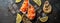 Salmon tartare raw chopped served in oyster shells top view on stone background