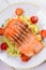 Salmon, Tomato and Smashed Potato with Spring Onion and Coriander. View From Above, Top Studio Shot.