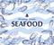 Salmon, tuna fish steak, crab, mussels, oysters, prawn, shrimp,