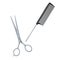 Salon hair accessories set. Metal hair cut scissors and black plastic styling comb with special metal pin.