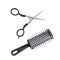 Salon hair accessories set. Metal hair cut scissors and black professional cylinder styling hairbrush.