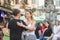 Salsa dancers in outdoor cafe near Diana fountain at Market square in Lviv