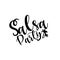 Salsa Party, handwritten text,with palm silhouette, on white background.