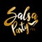 Salsa Party, shining gold handwritten text, and high-heeled shoes silhouette, on black background.