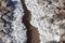 Salt crystals on the salty surface of desert close up. Natural background with copy space