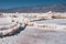 Salt flats, upheaved salt plates below sea level in Death Valley National Park. Close up texture. Badwater Basin