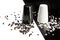 Salt and pepper shakers, black pepper and salt crystals