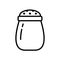 Salt shaker. Linear icon of kitchen utensils, spice jar. Black simple illustration of perforated container for sprinkling salt.