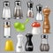 Salt shaker vector design pepper bottle glass container and wooden kitchen utensil saltshaker decor illustration set of