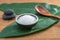 Salt, spoon, stone, on green leaf for health spa material