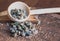 Salted capers of a wooden chop board, macro details of capers, salt and wooden spoon