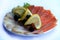 Salted chum salmon and halibut with olives, dishes of Russian national cuisine