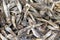 Salted dried gobies lying on a counter in a street market in southern Ukraine