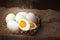 Salted eggs, boiled and ready to eat, put on basket, blurred background