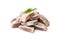 Salted Herring Fillet Isolated, Raw Pickled Fish Meat, Marinated Herring on White Background