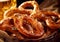Salted pretzels snack with glass of lager beer on bar table.Macro.AI Generative