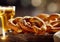 Salted pretzels snack with glass of lager beer on bar table.Macro.AI Generative