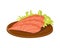 Salted red fish slice on wooden board fresh meat plate healthy fillet meal dinner vector and gourmet food diet