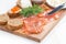 Salted salmon, red caviar, toast and butter, close-up